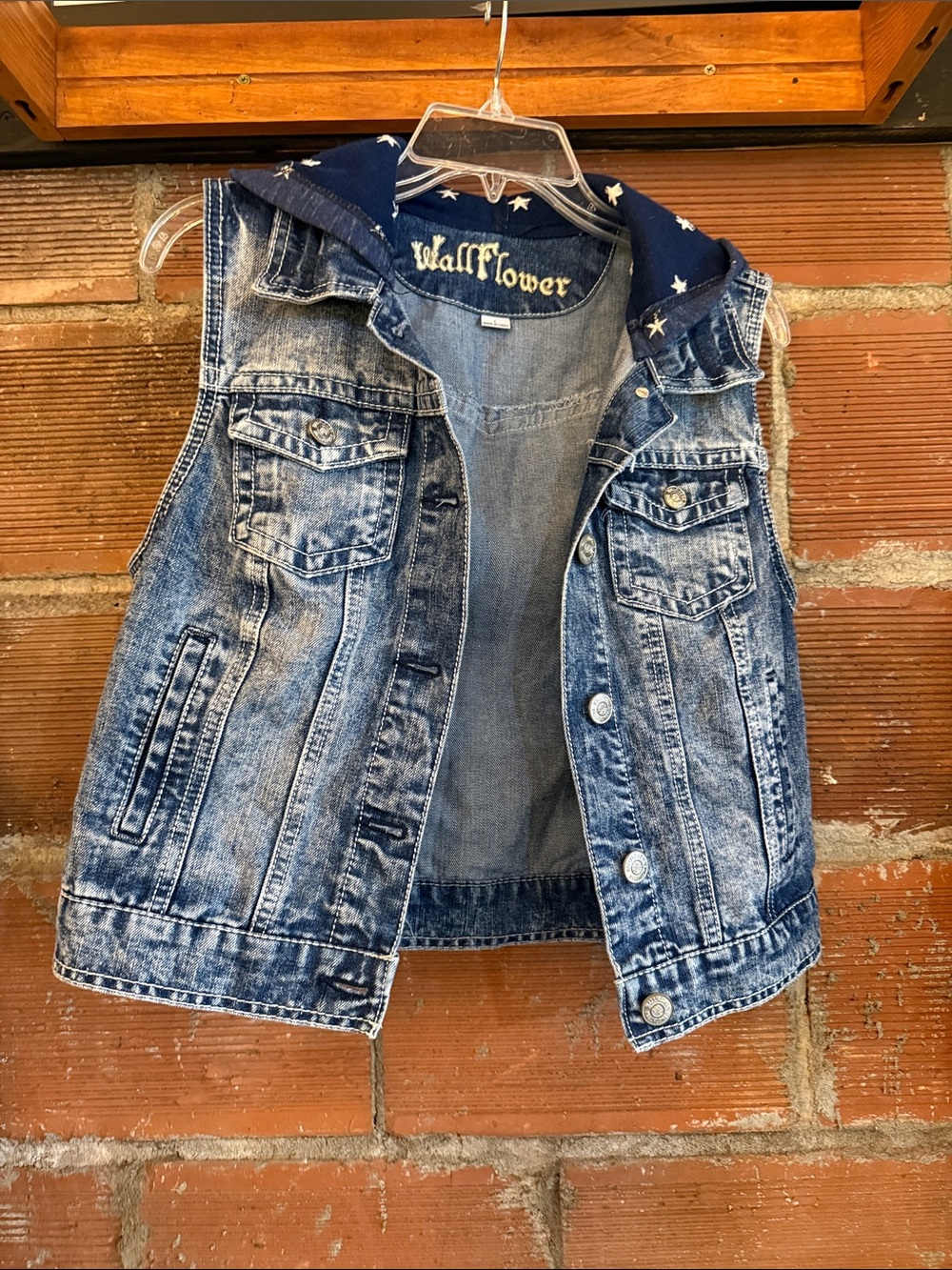 Wallflower Distressed Light Blue Denim Vest with Navy Star Hood